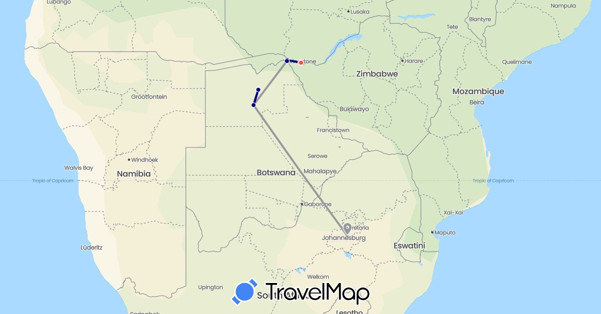 TravelMap itinerary: driving, plane, hiking in Botswana, South Africa, Zambia, Zimbabwe (Africa)